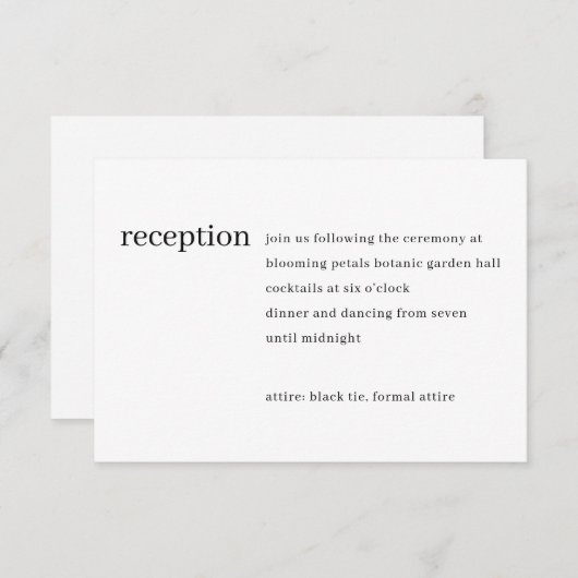 Eenvoudige moderne minimalistische zwarte bruiloft informatiekaartje (Voorkant / Achterkant)