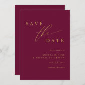 Eenvoudige moderne moerbeiwijn en gouden bruiloft save the date (Voorkant / Achterkant)