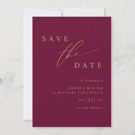 Eenvoudige moderne moerbeiwijn en gouden bruiloft save the date