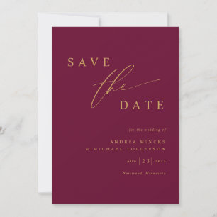 Eenvoudige moderne moerbeiwijn en gouden bruiloft save the date