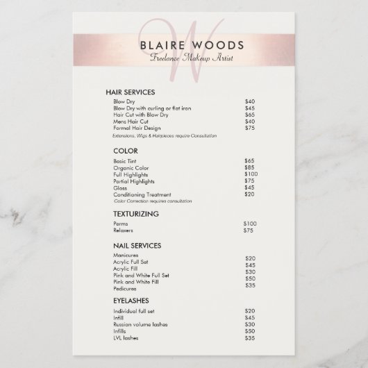 Eenvoudige Moderne Monogram Roze Gouden Prijslijst Flyer (Voorkant)