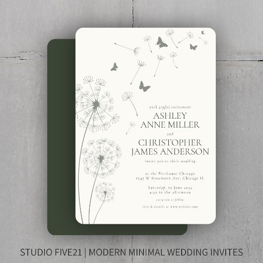 Eenvoudige Moderne Mos Groene Paardebloem Bruiloft Kaart