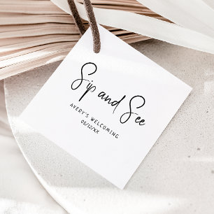 Eenvoudige moderne neutrale sip en zie Baby shower Bedankjes Labels