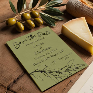 Eenvoudige moderne olijfgroene olijftak save the date