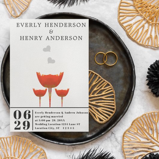 Eenvoudige moderne Oranje papavers & harten bruilo Kaart