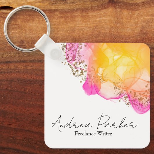 Eenvoudige moderne Oranje roze QR Code Square Busi Sleutelhanger (Voorkant)