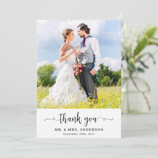 Eenvoudige moderne paar foto bruiloft gepersonalis bedankkaart (Staand voorkant)