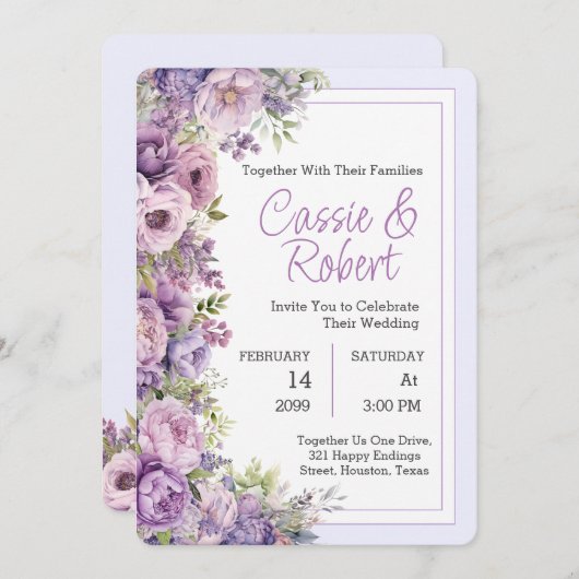 Eenvoudige moderne Paarse bloemenbruiloft uitnodig Kaart (Voorkant / Achterkant)