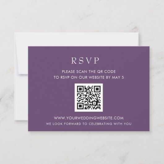 Eenvoudige, moderne Paarse QR-CODE RSVP Kaartje (Voorkant)