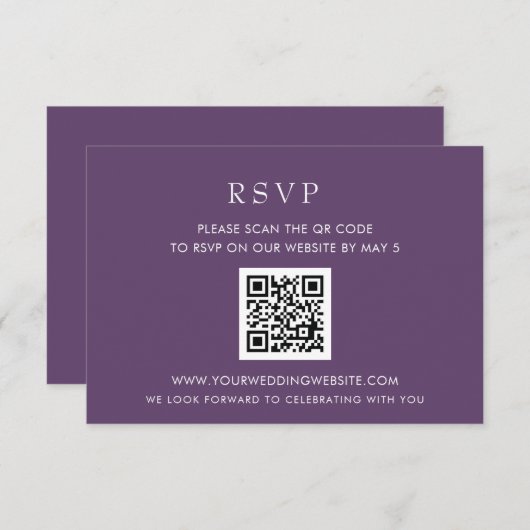 Eenvoudige, moderne Paarse QR-CODE RSVP Kaartje (Voorkant / Achterkant)