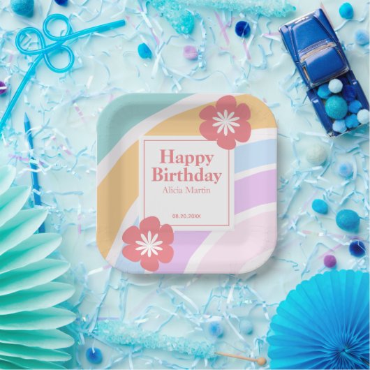 Eenvoudige moderne pastel regenboog bloem verjaard papieren bordje (Feest)