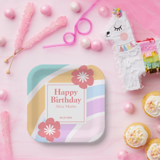 Eenvoudige moderne pastel regenboog bloem verjaard papieren bordje (Feest)