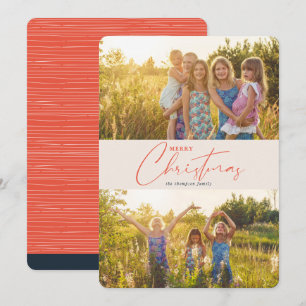 Eenvoudige, moderne proeffoto met kerstkoraal feestdagenkaart