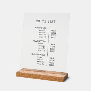 Eenvoudige moderne professionele menuprijslijst acryl bord