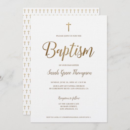 Eenvoudige Moderne Pure Wit Goud Cross Meisje Doop Kaart (Voorkant / Achterkant)