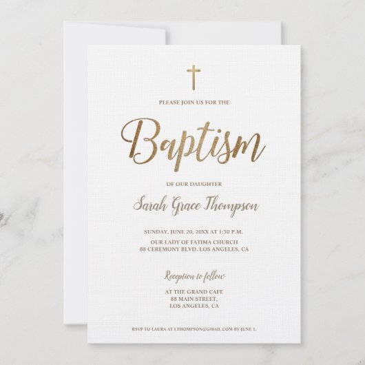 Eenvoudige Moderne Pure Wit Goud Cross Meisje Doop Kaart (Voorkant)