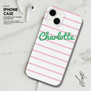 Eenvoudige Moderne Retro Roze en Groene Streepnaam Case-Mate iPhone 14 Hoesje