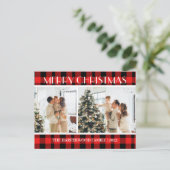 Eenvoudige moderne rode geruite kerst familie twee feestdagenkaart (Staand voorkant)