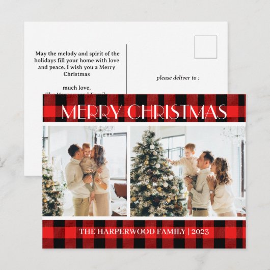 Eenvoudige moderne rode geruite kerst familie twee feestdagenkaart (Voorkant / Achterkant)