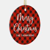 Eenvoudige moderne rode plaid vrolijke kerst keramisch ornament (Rechts)