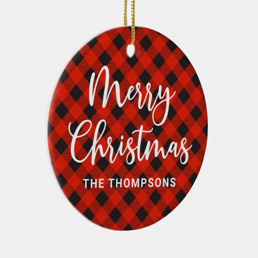 Eenvoudige moderne rode plaid vrolijke kerst keramisch ornament (Rechts)