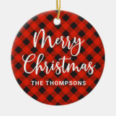 Eenvoudige moderne rode plaid vrolijke kerst keramisch ornament (Voorkant)