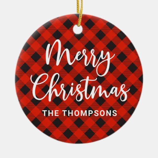 Eenvoudige moderne rode plaid vrolijke kerst keramisch ornament (Voorkant)