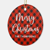 Eenvoudige moderne rode plaid vrolijke kerst keramisch ornament (Links)