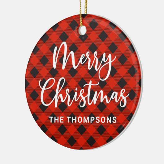 Eenvoudige moderne rode plaid vrolijke kerst keramisch ornament (Links)