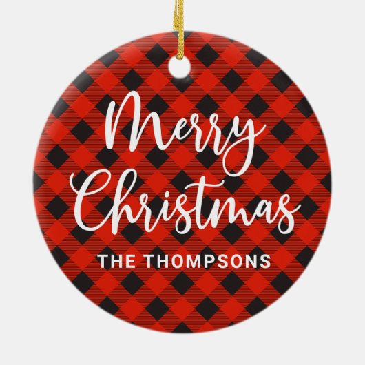 Eenvoudige moderne rode plaid vrolijke kerst keramisch ornament (Achterkant)