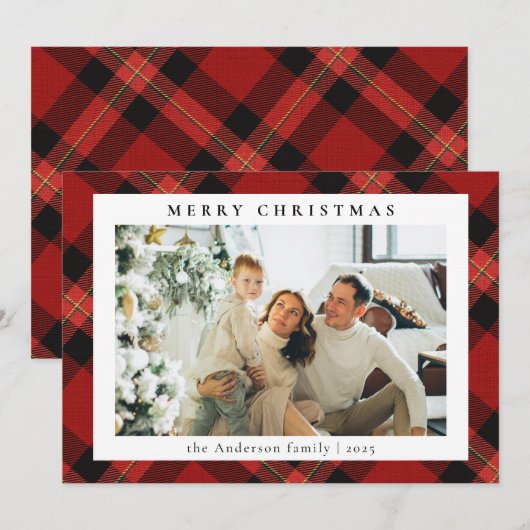 Eenvoudige moderne rode Tartan Plaid | Foto van Ke Feestdagenkaart (Voorkant / Achterkant)