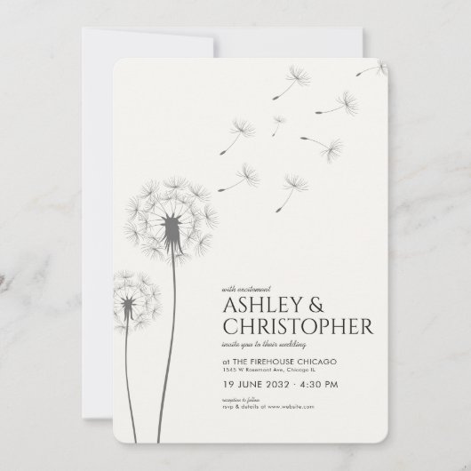 Eenvoudige Moderne Rook Zwart Paardebloem Bruiloft Kaart (Voorkant)