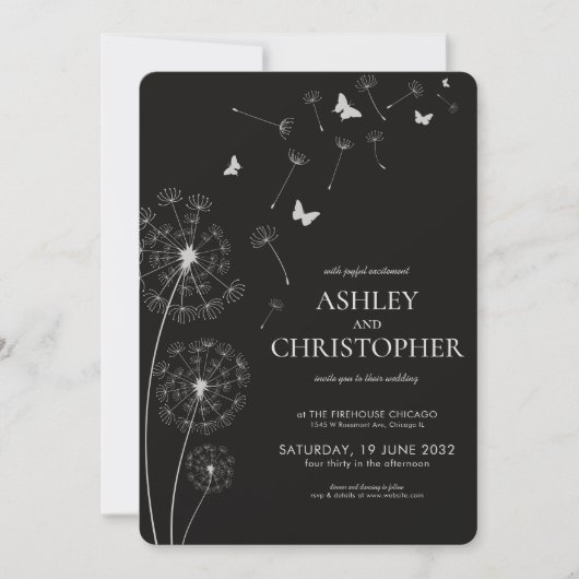 Eenvoudige Moderne Rook Zwart Paardebloem Bruiloft Kaart (Voorkant)