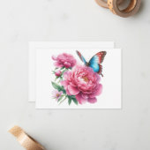 Eenvoudige moderne roze bloemige vlinder plat notitiekaartje (Voorkant / Achterkant in situ)
