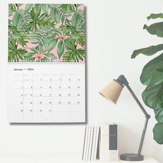 Eenvoudige moderne roze palm tropische bladeren mu kalender
