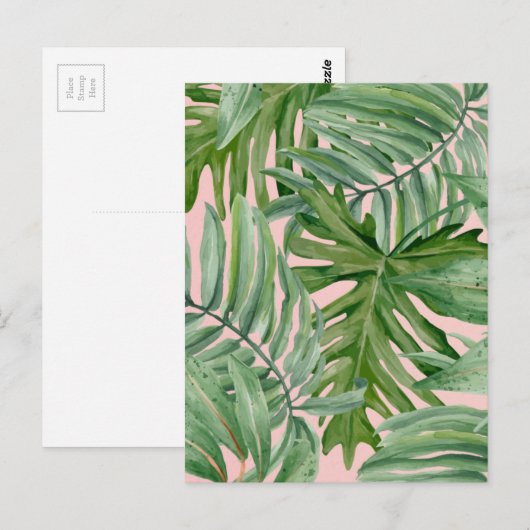 Eenvoudige moderne roze palmblad tropische bloemen briefkaart (Voorkant / Achterkant)