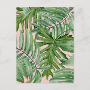 Eenvoudige moderne roze palmblad tropische bloemen briefkaart