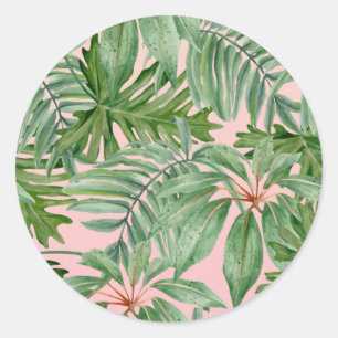 Eenvoudige moderne roze palmblad tropische bloemen ronde sticker