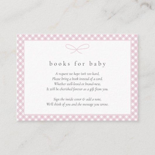 Eenvoudige moderne Roze Plaid Bow Boeken voor Baby Informatiekaartje (Voorkant)