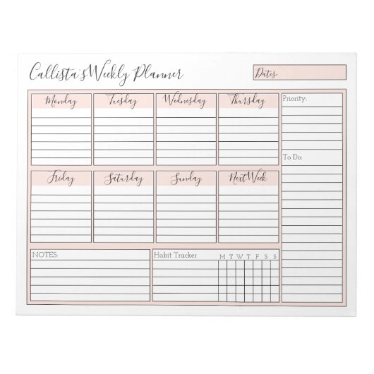 Eenvoudige, moderne, roze, Wekelijkse aangepaste p Notitieblok (Voorkant)