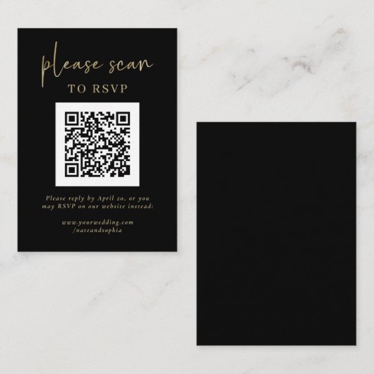Eenvoudige moderne RSVP met QR-code | Goud en zwar Informatiekaartje (Voorkant / Achterkant)