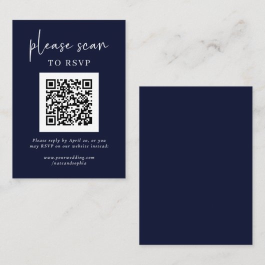 Eenvoudige moderne RSVP met QR-code | Navy Blue Informatiekaartje (Voorkant / Achterkant)