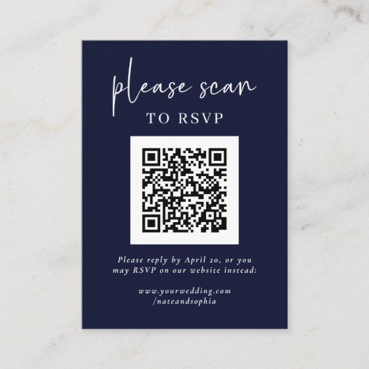 Eenvoudige moderne RSVP met QR-code | Navy Blue Informatiekaartje (Voorkant)