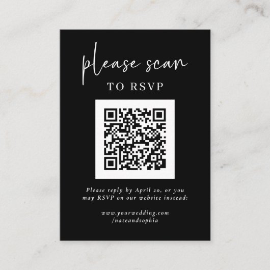 Eenvoudige moderne RSVP met QR-code | Zwart Informatiekaartje (Voorkant)