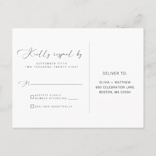 Eenvoudige moderne RSVP met zwarte en witte kallig Uitnodiging Briefkaart (Achterkant)