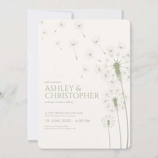 Eenvoudige Moderne Sage Groene Paardebloem Bruilof Kaart (Voorkant)