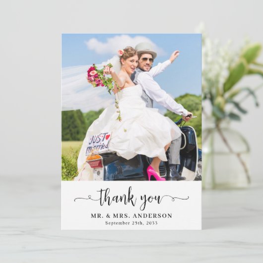 Eenvoudige moderne Schattigee chique foto bruiloft Bedankkaart (Staand voorkant)