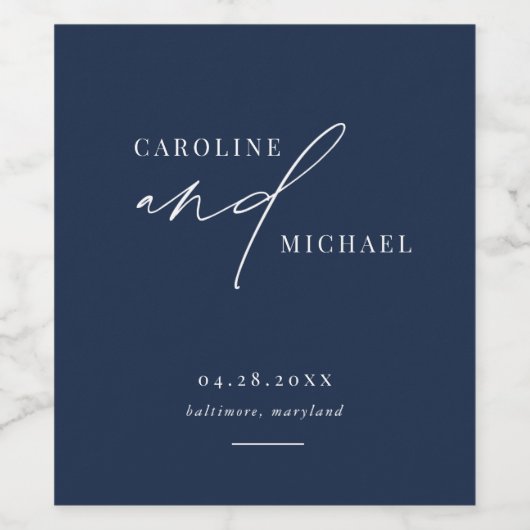 Eenvoudige moderne Script Names Navy Wedding Wijn Etiket (Enkel label)