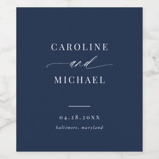 Eenvoudige moderne Script Names Navy Wedding Wine Wijn Etiket (Enkel label)