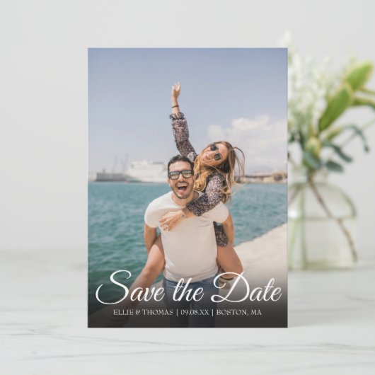 Eenvoudige Moderne Sla de Datum Op Elegante Script Save The Date (Staand voorkant)